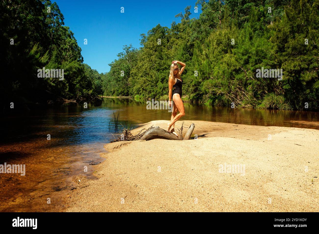 Femme en maillot de bain tanding sur bûche nouée sur la barre de sable Banque D'Images