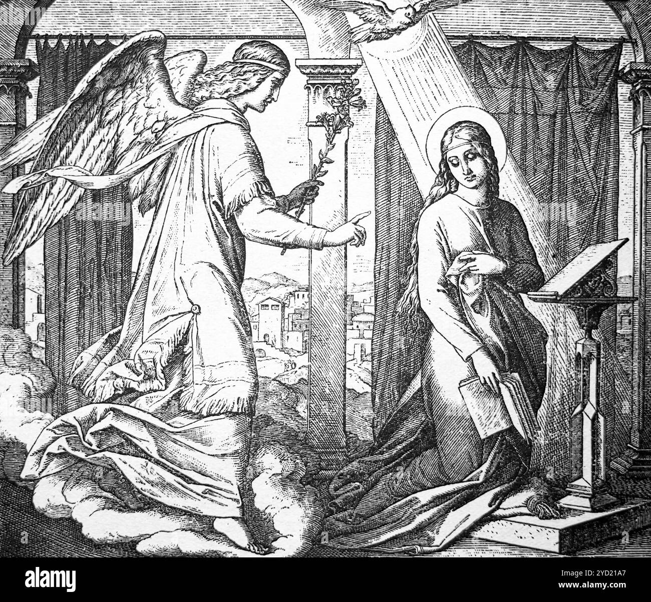 Illustration de l'Annonciation de la Bienheureuse Vierge Marie tirée de l'édition antique 1909 du Livre pour enfants du Nouveau Testament par Mme C. Banque D'Images Illustration de l'Annonciation de la Bienheureuse Vierge Marie tirée de l'édition antique 1909 du Livre pour enfants du Nouveau Testament par Mme C. Banque D'Images