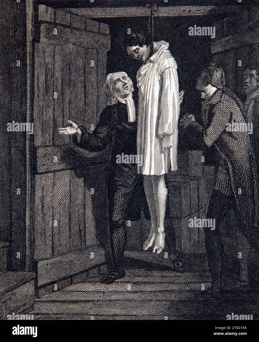 Gravure de Jean Calas enlevant son fils après avoir découvert qu'il s'était suicidé en pendant avec son fils Peter Callus et invité la Vaisse comme témoin Banque D'Images