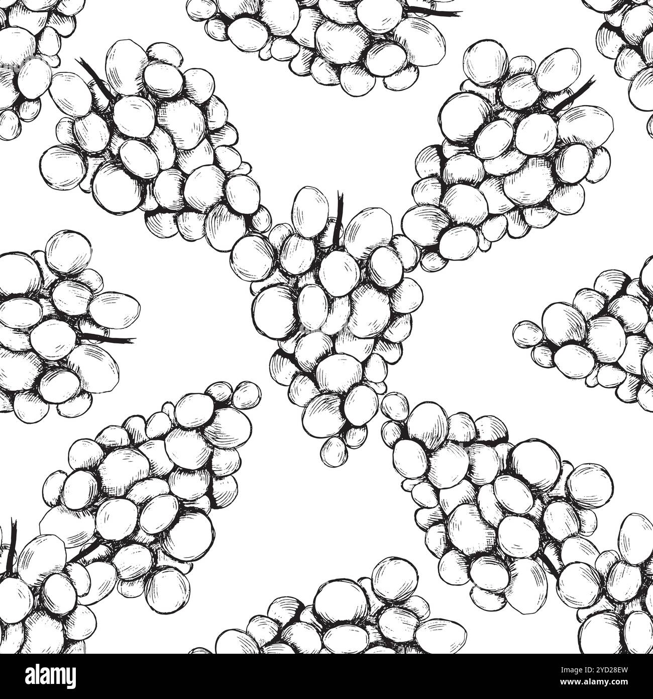 Cette illustration monochrome complexe présente des raisins stylisés disposés dans un motif répétitif sans couture. Graphiques vectoriels en noir et blanc dessinés à la main en dessin au trait pour l'impression sur papier et tissu. Illustration de Vecteur
