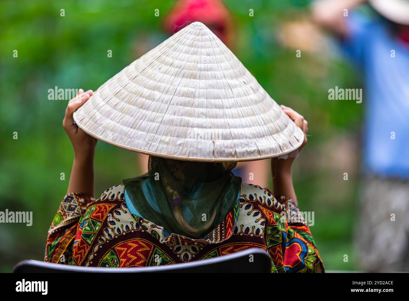 Fille portant chapeau conique asiatique, vue arrière Banque D'Images