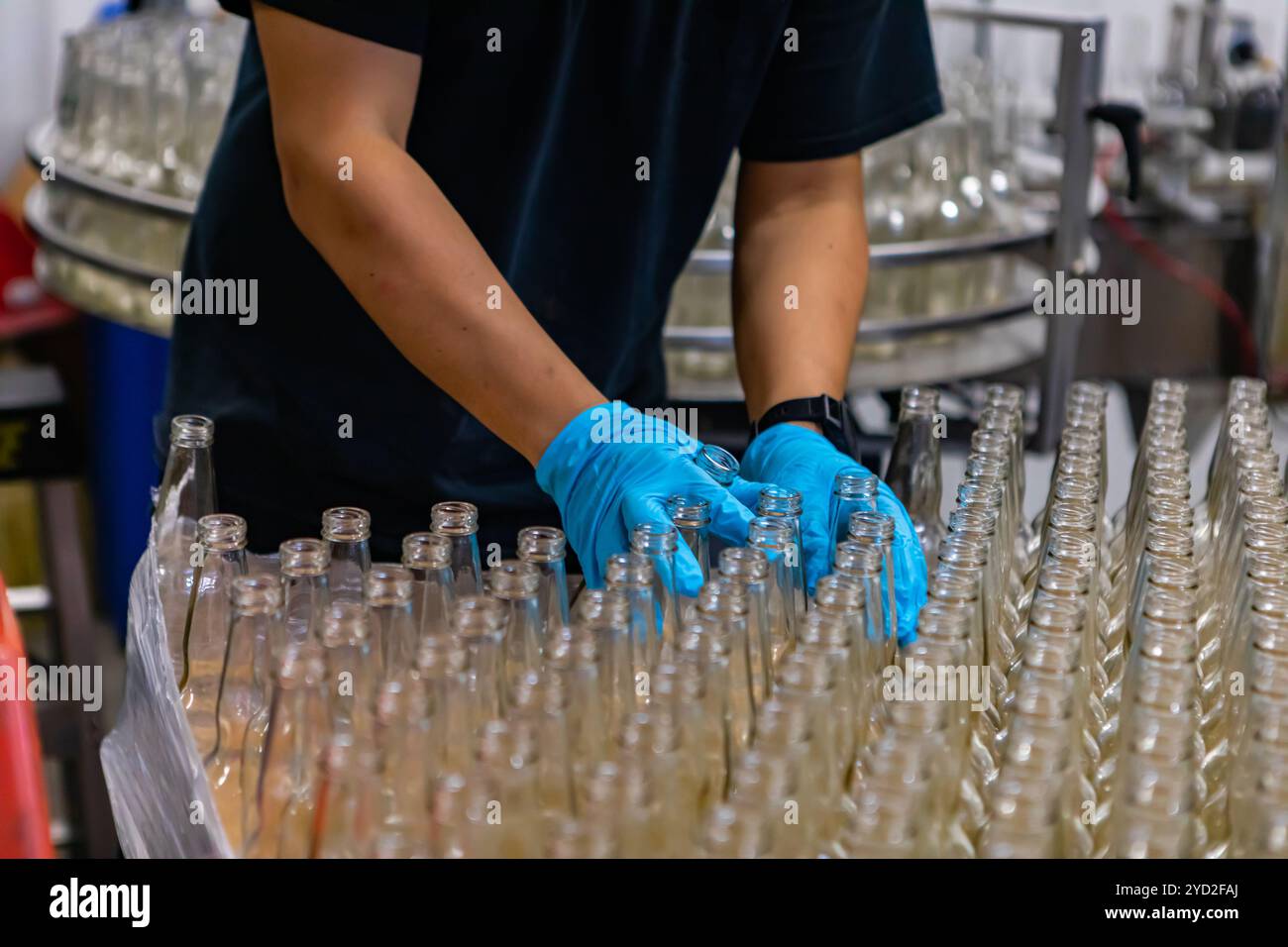 Beaucoup de nouvelle bière bouteille vide en verre blanc, personne mains avec gant en caoutchouc bleu holding bouteilles, selective focus close up, de la bière brasserie artisanale factory Banque D'Images