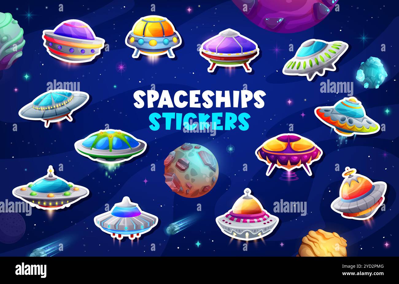 Autocollants pack de soucoupes volantes UFO placé sur un fond d'espace. Patches cosmiques vectorielles avec des vaisseaux spatiaux extraterrestres de dessins animés flottant dans la galaxie avec des planètes, des étoiles et des météores. Autocollants de fiction adhésifs Illustration de Vecteur