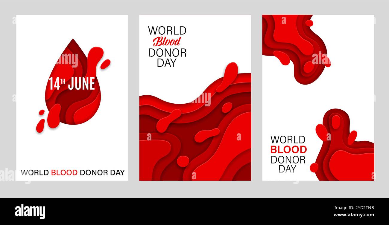 Journée mondiale du don de sang affiches découpées en papier pour la campagne de don de sang, arrière-plans vectoriels. Bannières de la Journée mondiale du don de sang avec des couches découpées en papier rouge abstrait pour les affiches médicales et caritatives de soins de santé Illustration de Vecteur