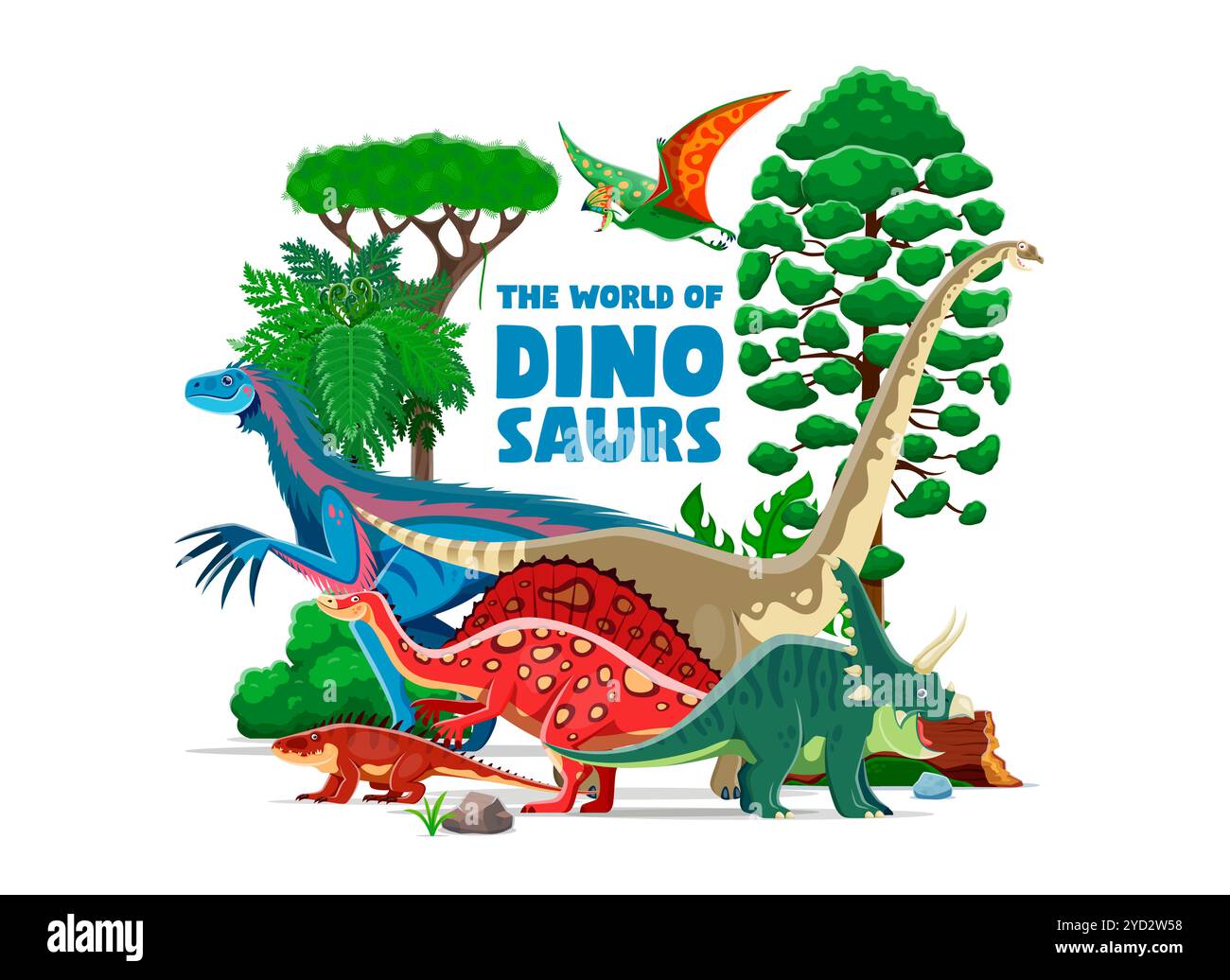 Bannière du parc de dinosaures préhistoriques. Vector Dino World Storybook ou atlas couverture avec reptiles de dessins animés dynamiques et ludiques dans un paysage de verdure luxuriant avec une typographie amusante, des pierres, des fougères, des rondins et des arbres Illustration de Vecteur