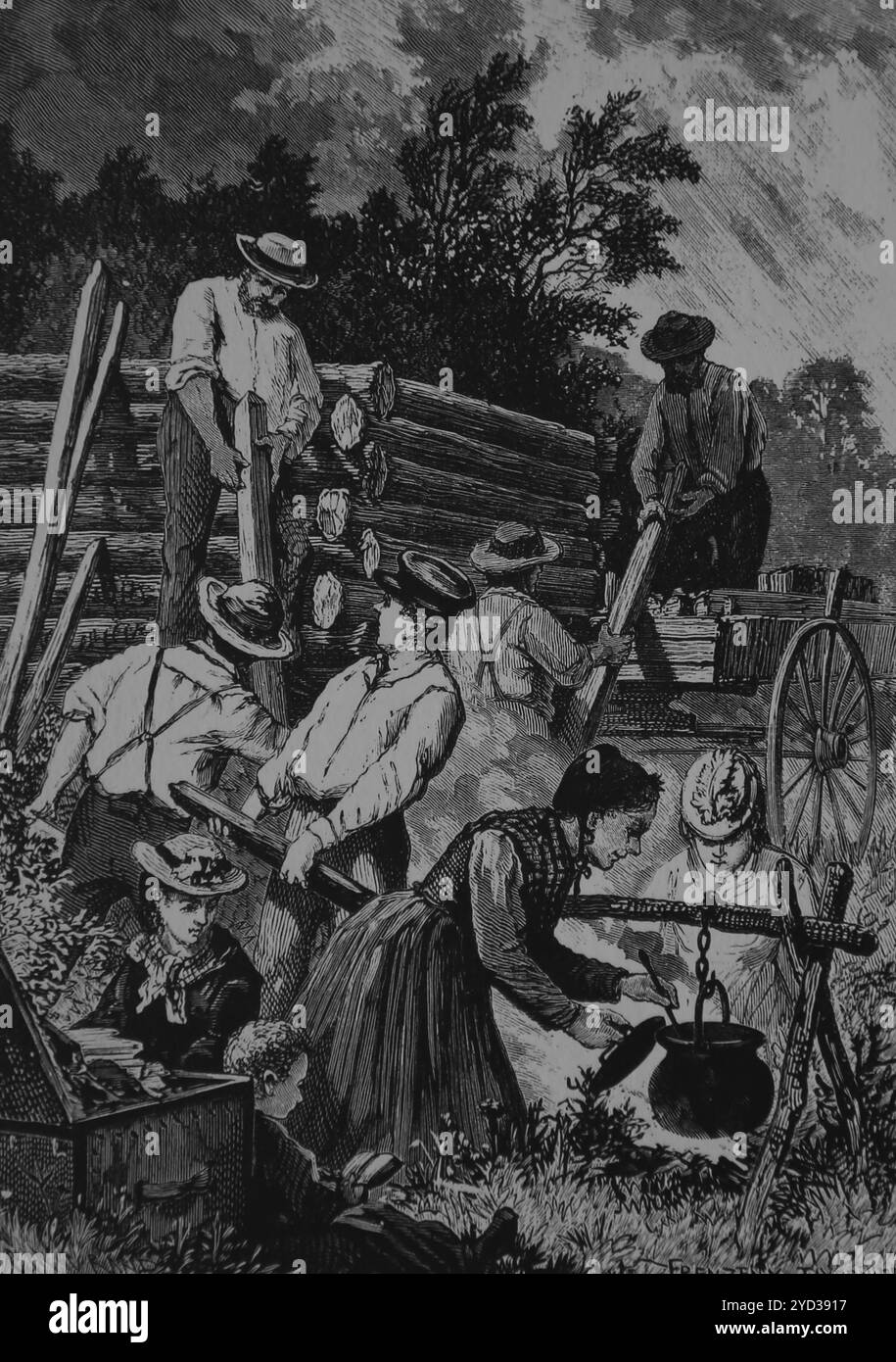 Vie d'une famille nouvellement arrivée en Occident. Construire leur première maison (cabane). Gravure de Frenzeny et Tavernier. Harper's Weekluy, 1874. Banque D'Images