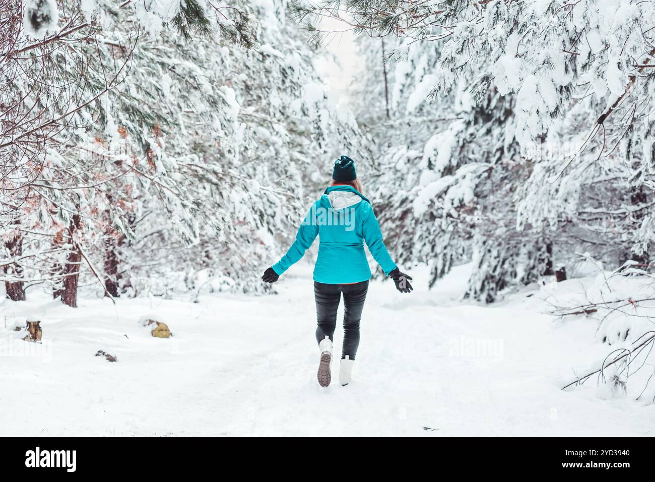 Femme marchant dans une forêt couverte de neige Banque D'Images