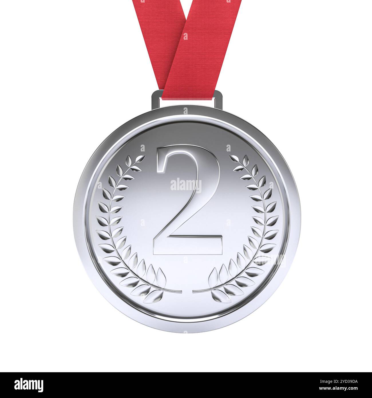 Médaille de deuxième place en argent avec ruban rouge laurier fond isolé 3d. Banque D'Images