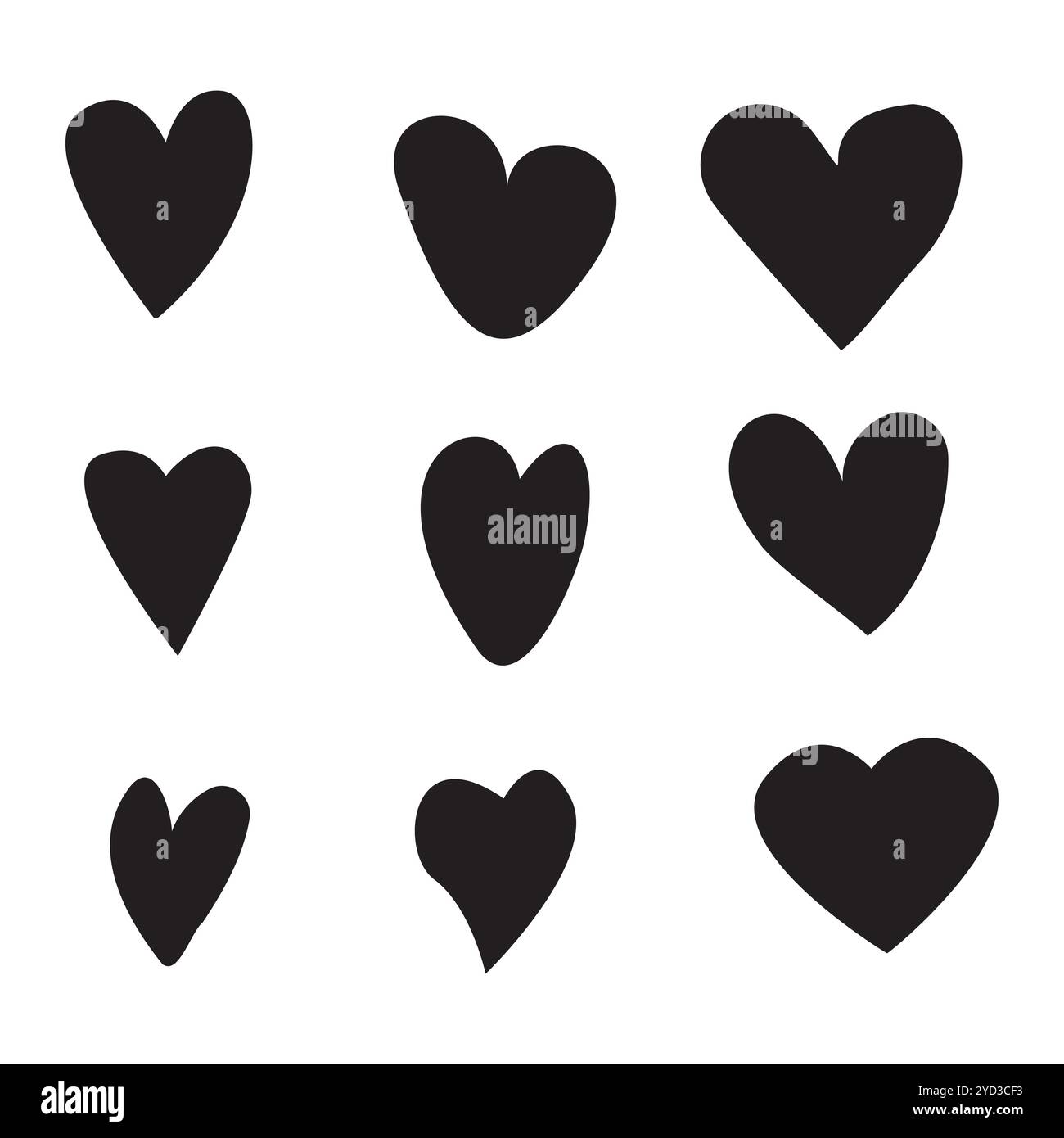 Coeurs noirs dessinés à la main. Jeu de vecteurs simple. Collection de symboles d'amour. Différentes formes de coeur. Illustration de Vecteur