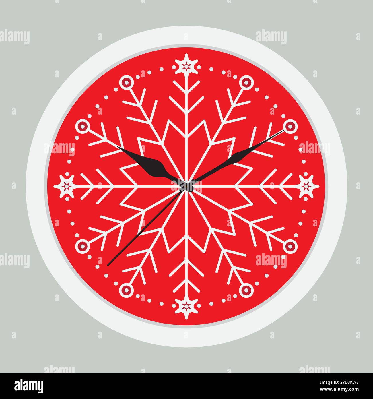 Horloge murale minimaliste à flocon de neige. Une horloge murale simple mais élégante avec un motif flocon de neige blanc sur un fond rouge Illustration de Vecteur