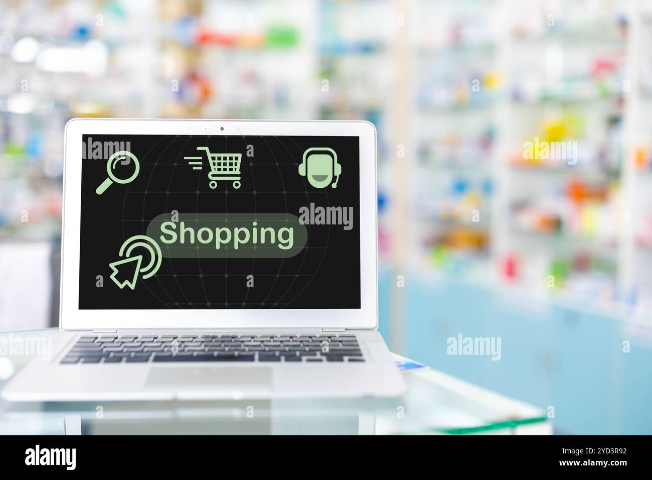 Shopping de médecine en ligne, ordinateur portable à la pharmacie pour les soins de santé, magasin de médecine de site Web. Service de pharmacie Internet dans le dispensaire de magasin de médicaments. Banque D'Images