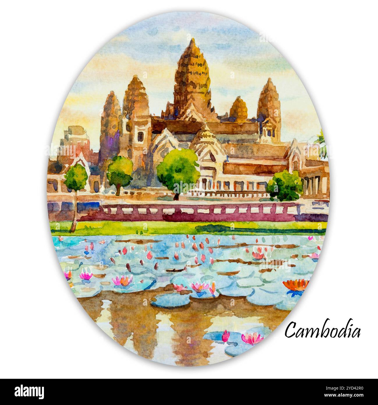 Temple d'Angkor Wat, Cambodge, Asie du Sud-est. Aquarelle peinture paysage coloré de l'architecture, voyage de tourisme naturel et le ciel sur fond blanc Banque D'Images