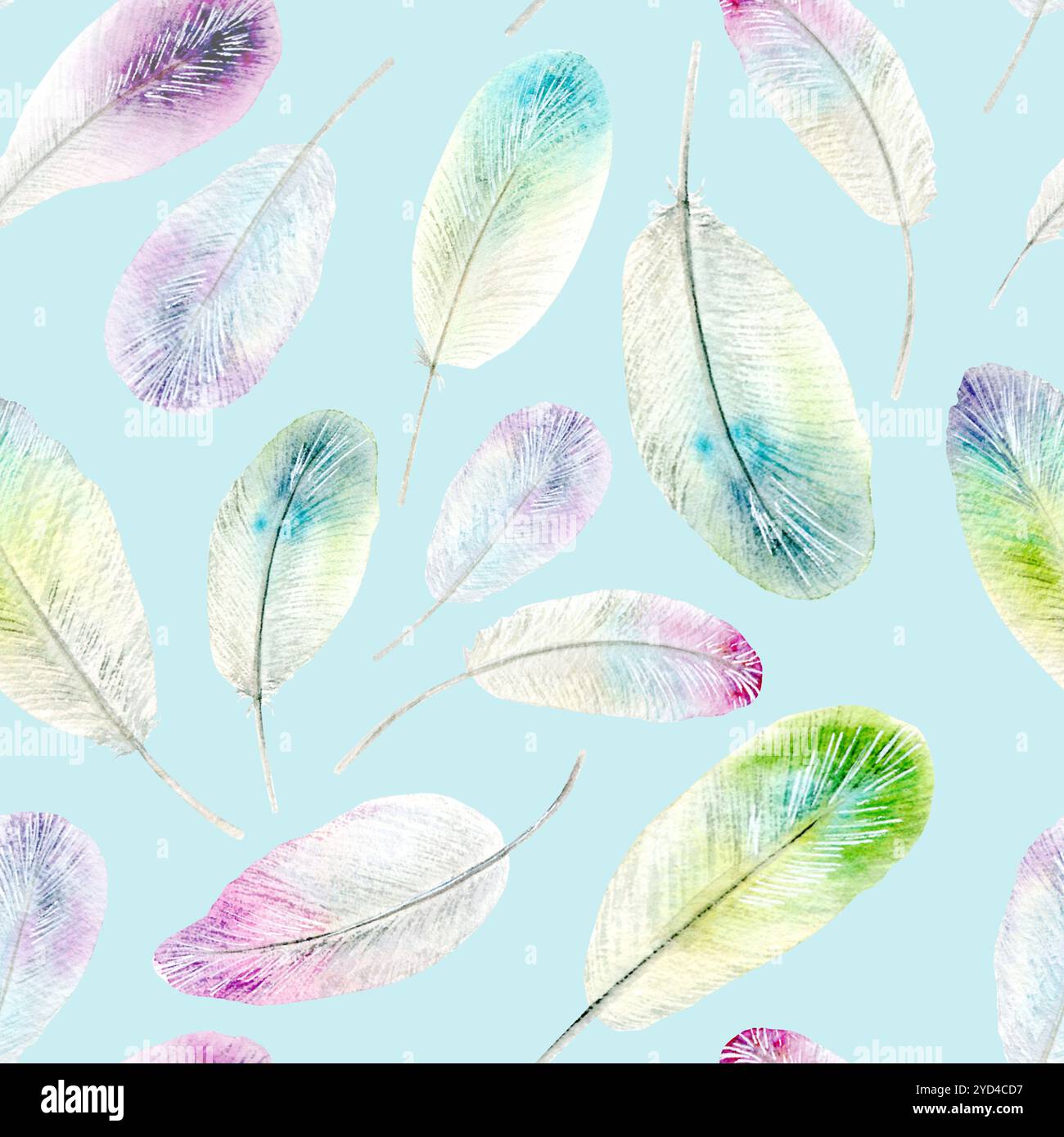 Plumes de colibris. Motif sans couture. Illustration aquarelle lumineuse dessinée à la main sur un fond blanc. Convient pour encadrer des dessins, des cartes et des textiles Banque D'Images