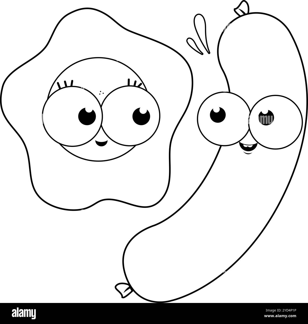 Caractères d'oeufs et de saucisses. Personnages de petit déjeuner de dessins animés, oeuf frit et saucisses. Page de coloriage noir et blanc vectoriel. Illustration de Vecteur