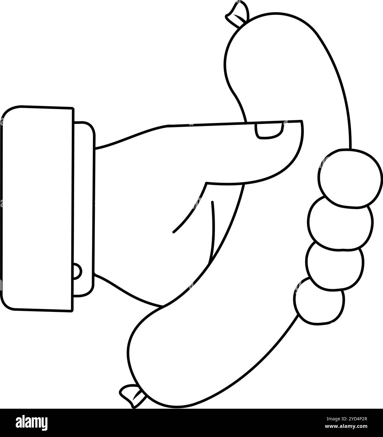 Homme d'affaires tenant une saucisse. Pause déjeuner employé de bureau avec collation hot dog. Symbole d'icône de fête de barbecue d'affaires. Page de coloriage noir et blanc vectoriel Illustration de Vecteur