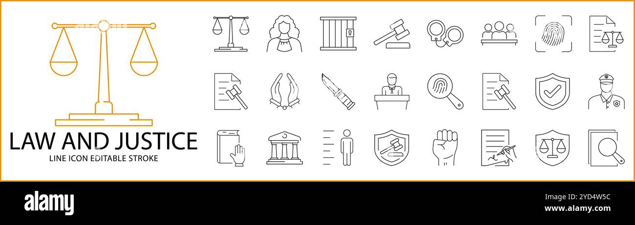 Icône droit et Justice définie dans le style de ligne. Icônes de droit et de justice. Illustration vectorielle. Contour modifiable. Illustration de Vecteur