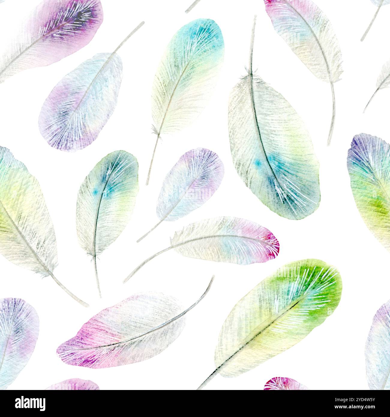 Plumes de colibris. Motif sans couture. Illustration aquarelle lumineuse dessinée à la main sur un fond blanc. Convient pour encadrer des dessins, des cartes et des textiles Banque D'Images