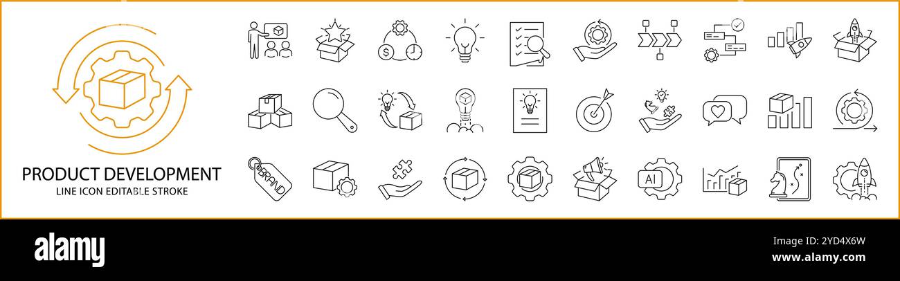 Icônes de développement de produit dans le style de ligne. Contenant le développement, le processus, la fabrication, la production, la stratégie, etc Jeu d'icin. Illustration vectorielle. Illustration de Vecteur
