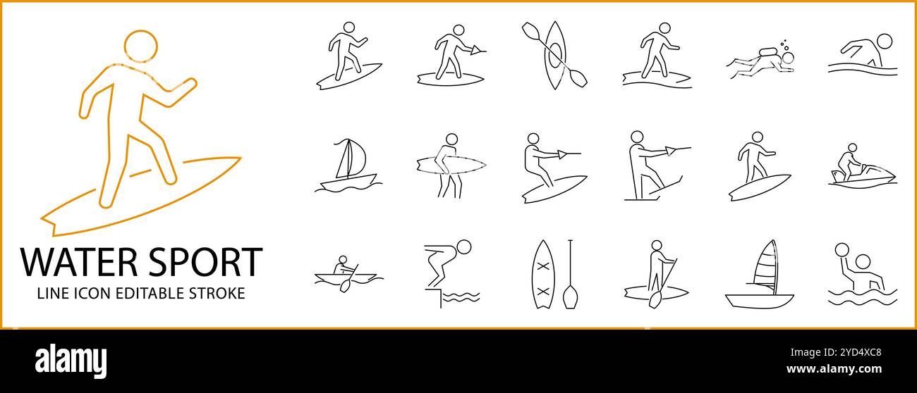 Icônes de sport nautique dans le style de ligne. Contenant sports nautiques, natation, voile, planche de surf, plongée, surf, etc. Icon ses. Illustration vectorielle. Str. Modifiable Illustration de Vecteur