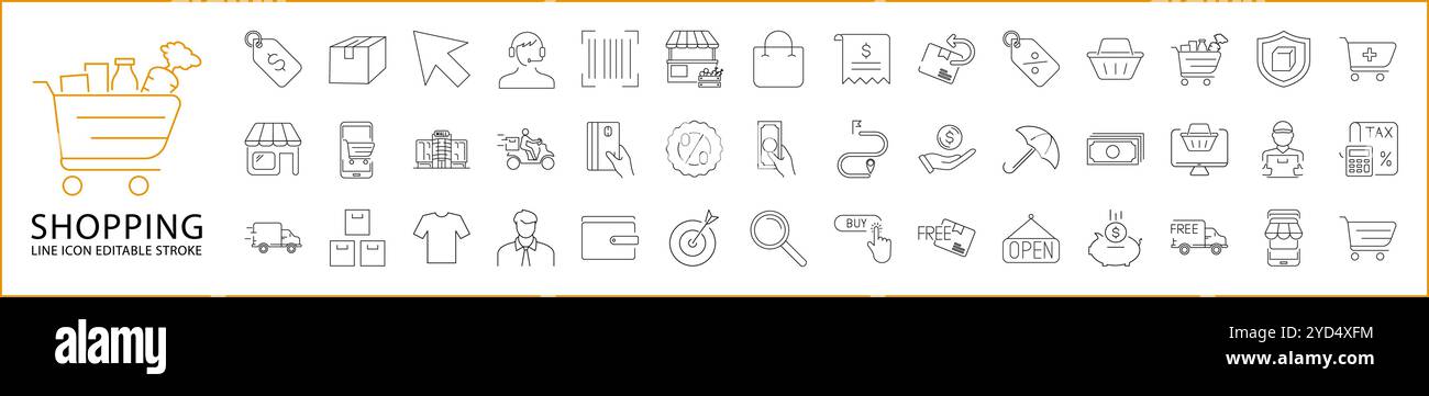 Jeu d'icônes d'achat. Icônes de ligne de shopping. Contenant acheter, commerce, boutique, achat, magasin, e-business, en ligne, vente, paiement. Illustration vectorielle. Illustration de Vecteur