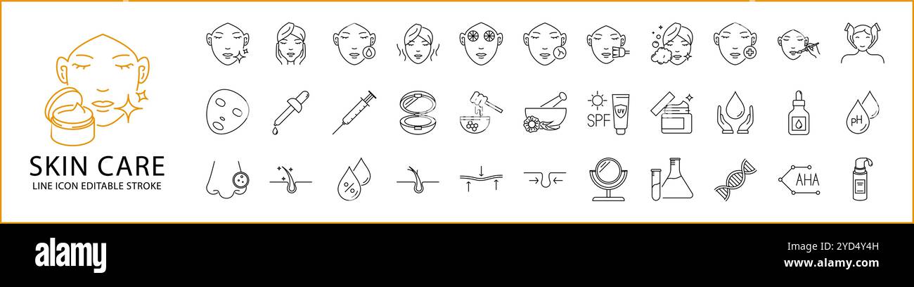 Jeu d'icônes de soins de la peau./ icônes de ligne de soins de la peau.. Contenant le traitement, cosmétique, beauté, vecteur, facial, masque, huile, etc Illustration vectorielle. Illustration de Vecteur