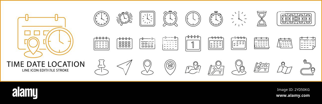 Heure date icônes d'adresse dans le style de ligne. Contenant le calendrier, l'horloge, l'emplacement, les signes, l'événement, carte, lieu, horaire, jour. Jeu d'icônes. Illustration vectorielle. E Illustration de Vecteur