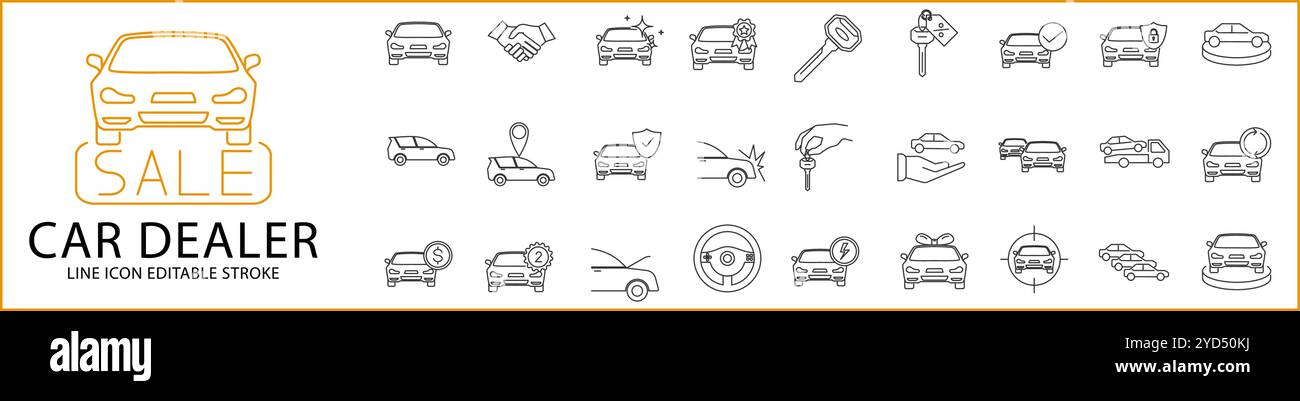 Icône de concessionnaire de voitures définie dans le style de ligne. Icônes concessionnaire automobile. Illustration vectorielle. Contour modifiable. Illustration de Vecteur