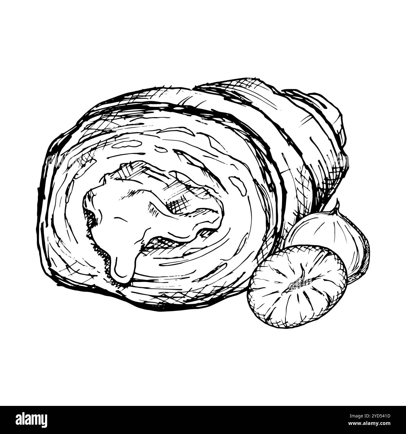 Une illustration vectorielle détaillée dessinée à la main de croissant avec des noisettes. Croquis noir et blanc mettant en valeur la texture feuilletée et le remplissage de noix. Idéal pour Illustration de Vecteur