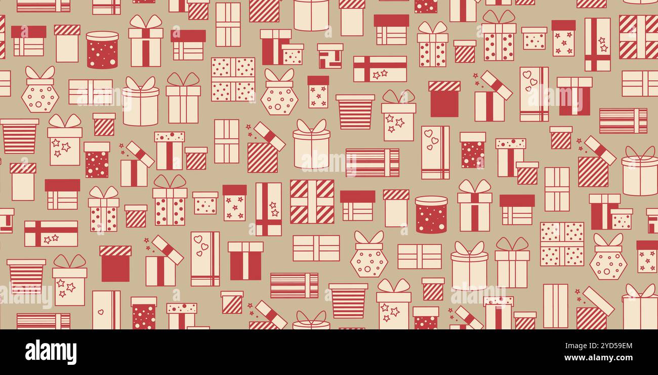 Fond festif doré avec des boîtes cadeaux pour Noël. Boîtes avec motif sans couture de couleur or rouge surprise. Répétez l'impression pour l'emballage, papier Illustration de Vecteur