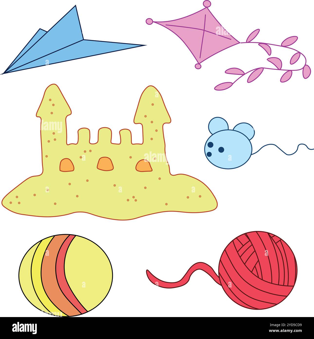 jouets pour enfants avion kite souris boule boule de sable château. Ensemble d'illustrations vectorielles dans le style de dessin animé Illustration de Vecteur