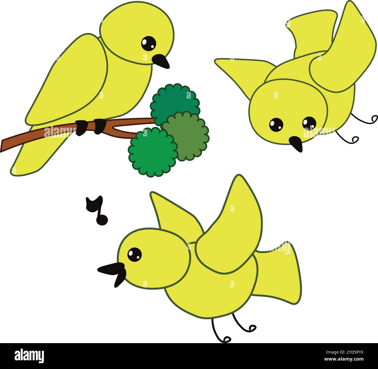 oiseaux canaris mignons jaunes. Ensemble d'illustrations vectorielles dans le style de dessin animé Illustration de Vecteur