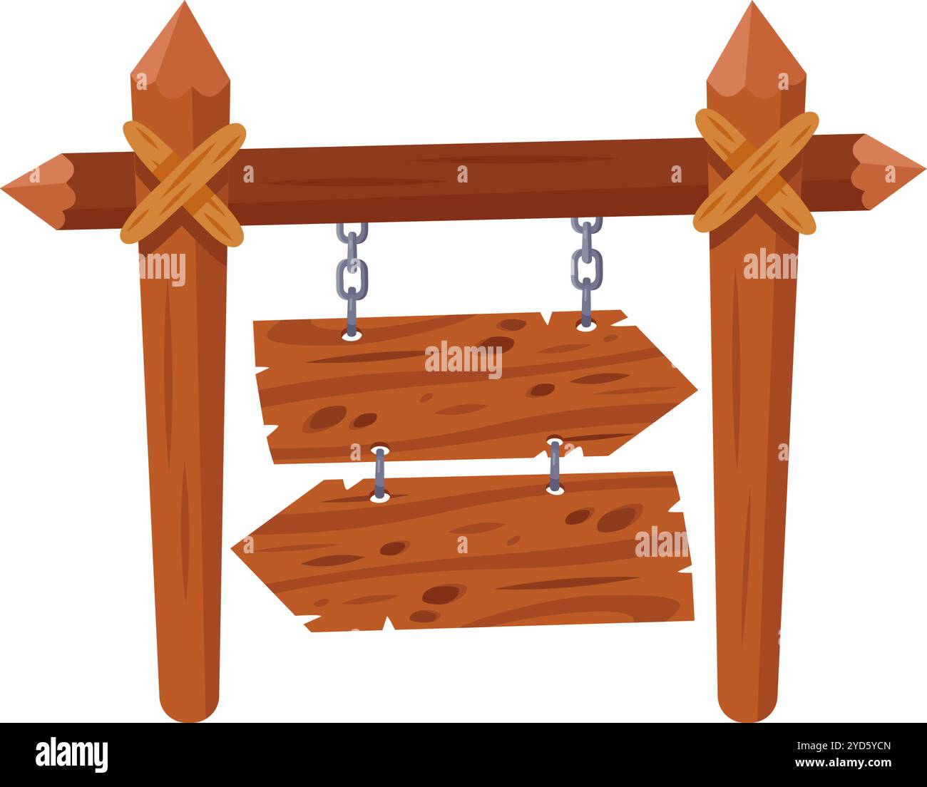 Deux panneaux fléchés en bois vieilli sont suspendus à des chaînes attachées à un panneau en bois robuste, créant un affichage rustique et charmant d'orientation Illustration de Vecteur