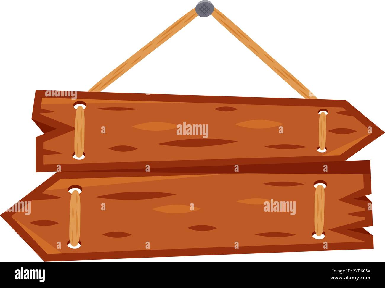 Deux panneaux de flèche en bois vierges sont suspendus à une corde attachée à un clou, créant un élément de design rustique et polyvalent Illustration de Vecteur