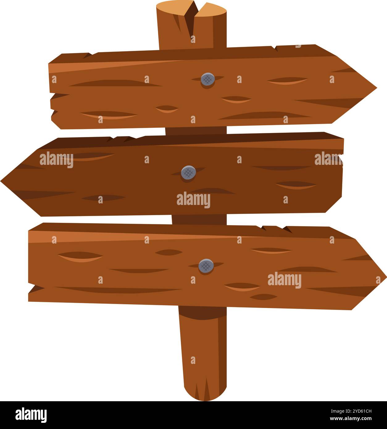 Trois planches de bois altérées sont clouées à un poteau, créant un panneau rustique avec des flèches pointant vers la gauche, la droite et l'avant, prêt à être personnalisé Illustration de Vecteur