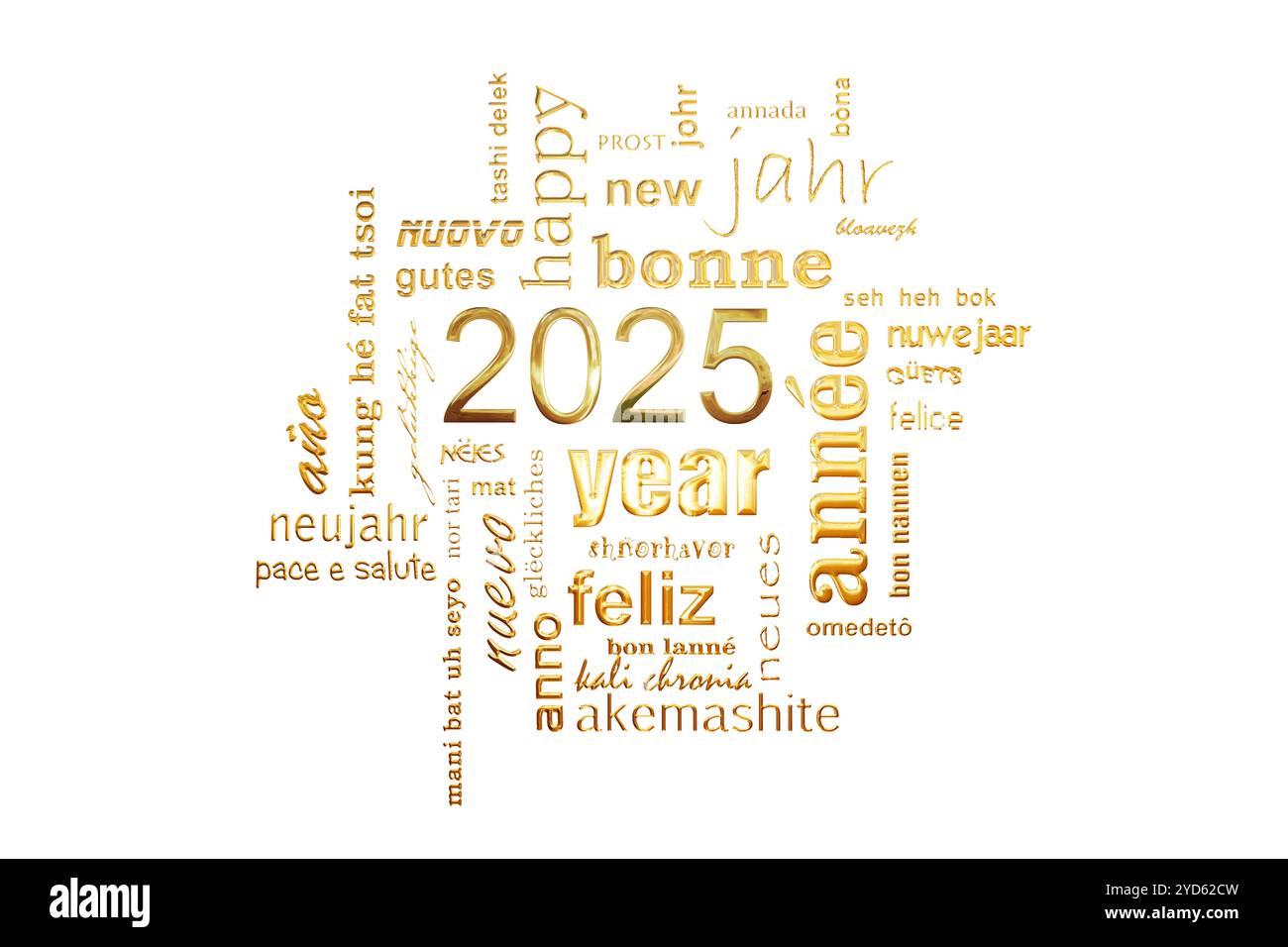 carte de voeux nuage de mots de texte doré multilingue du nouvel an 2025 isolé sur fond blanc Banque D'Images