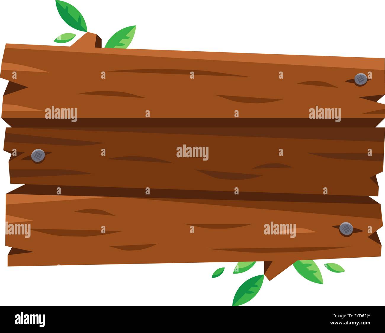Signe en bois vide avec quelques clous et des feuilles vertes poussant autour de lui, fournissant un fond rustique et naturel pour les annonces ou les messages Illustration de Vecteur