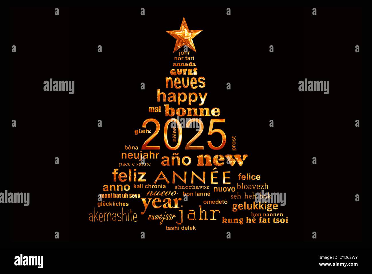 carte de voeux nuage de mots de texte multilingue du nouvel an 2025 en forme d'arbre de noël doré sur fond noir Banque D'Images