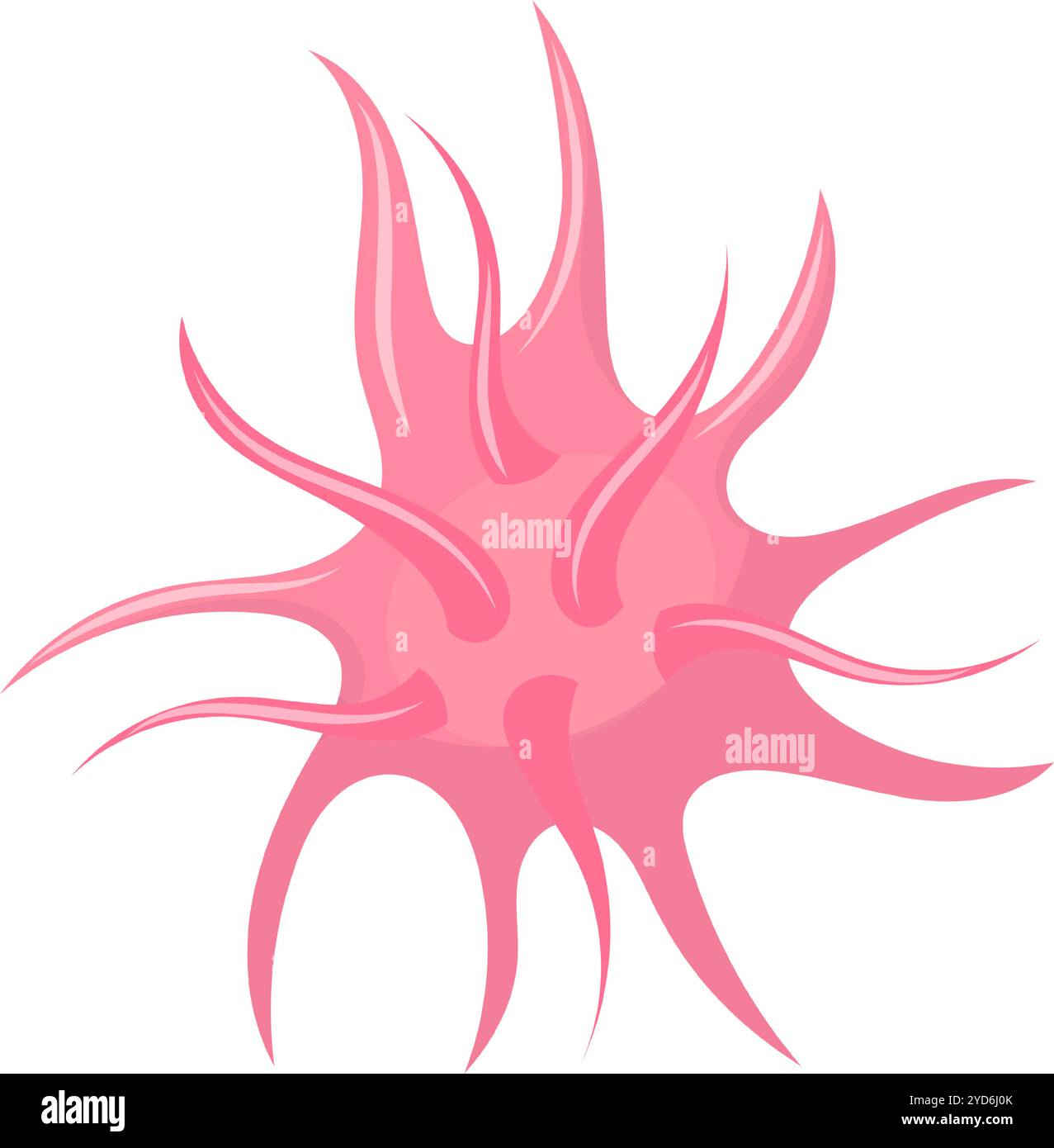 Vue microscopique d'une cellule virale rose qui déplace et propage ses tentacules, représentant potentiellement une menace pour la santé ou une maladie Illustration de Vecteur