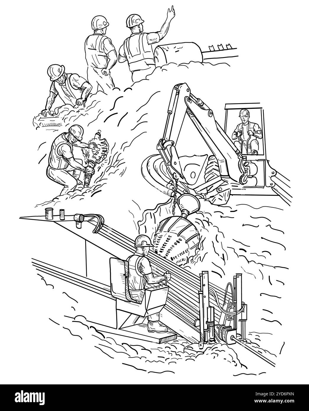 Forage directionnel horizontal dessin de chantier de construction noir et blanc Banque D'Images