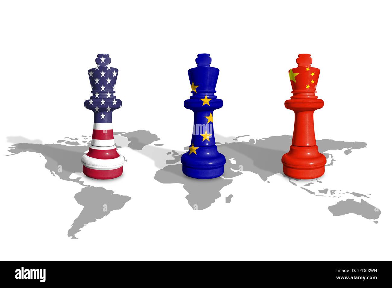 Échecs fabriqués à partir de drapeaux USA, UE et Chine sur une carte du monde. Commerce entre la Chine, l'Union européenne et les États-Unis d'Amérique Banque D'Images
