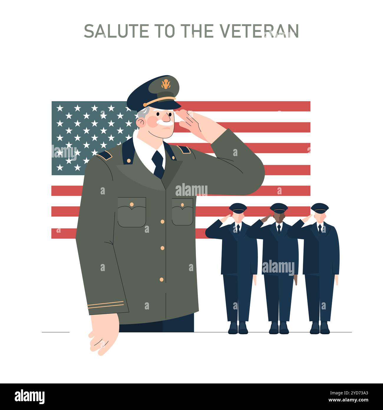 Illustration hommage à la Journée des vétérans. Un officier militaire supérieur saluant, avec des soldats l'honorant sur fond de drapeau américain. Illustration vectorielle. Illustration de Vecteur