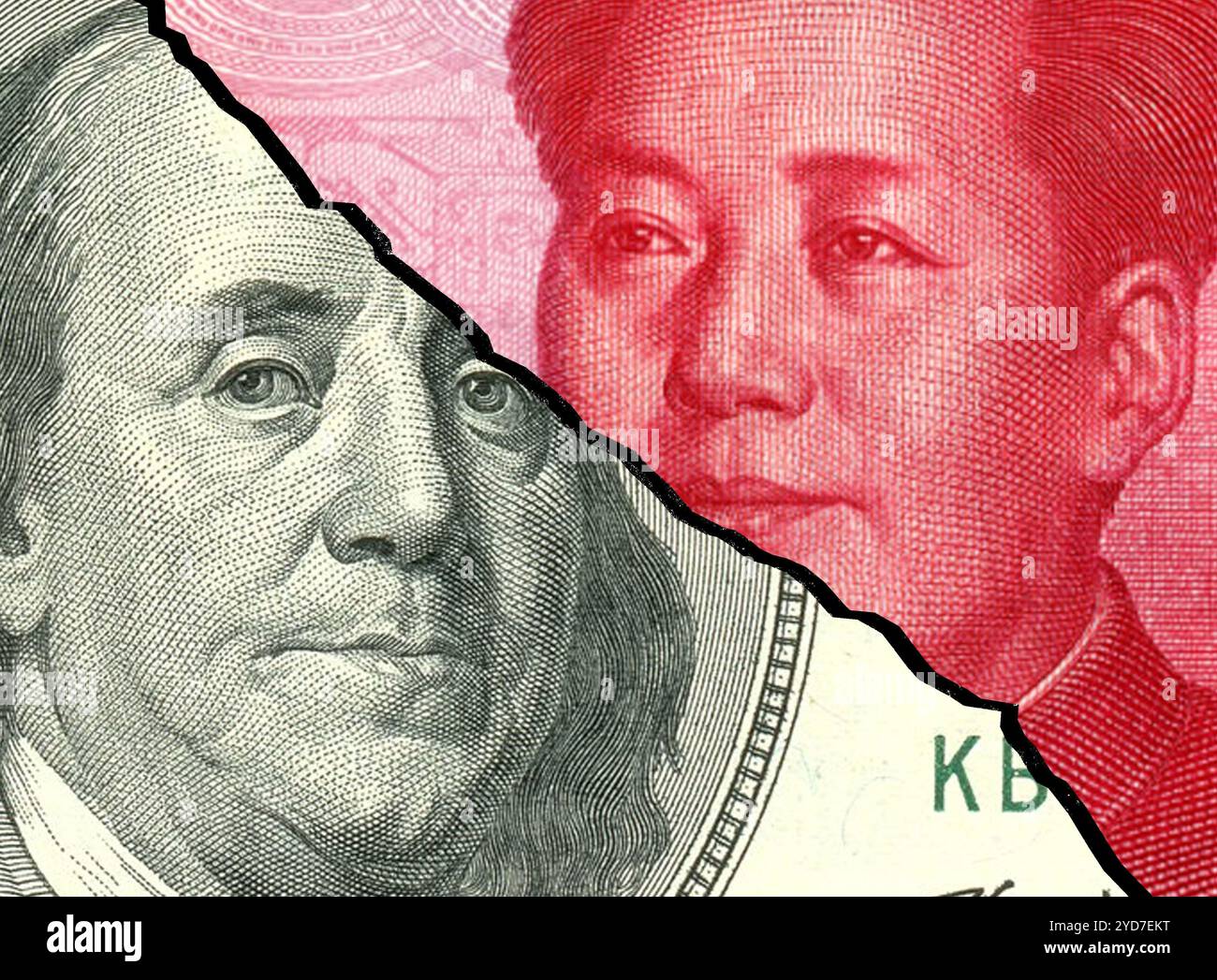 Billets de 100 dollars américains (USD) et 100 renminbi (RMB, CNY) isolés ensemble. Contour arrière Banque D'Images