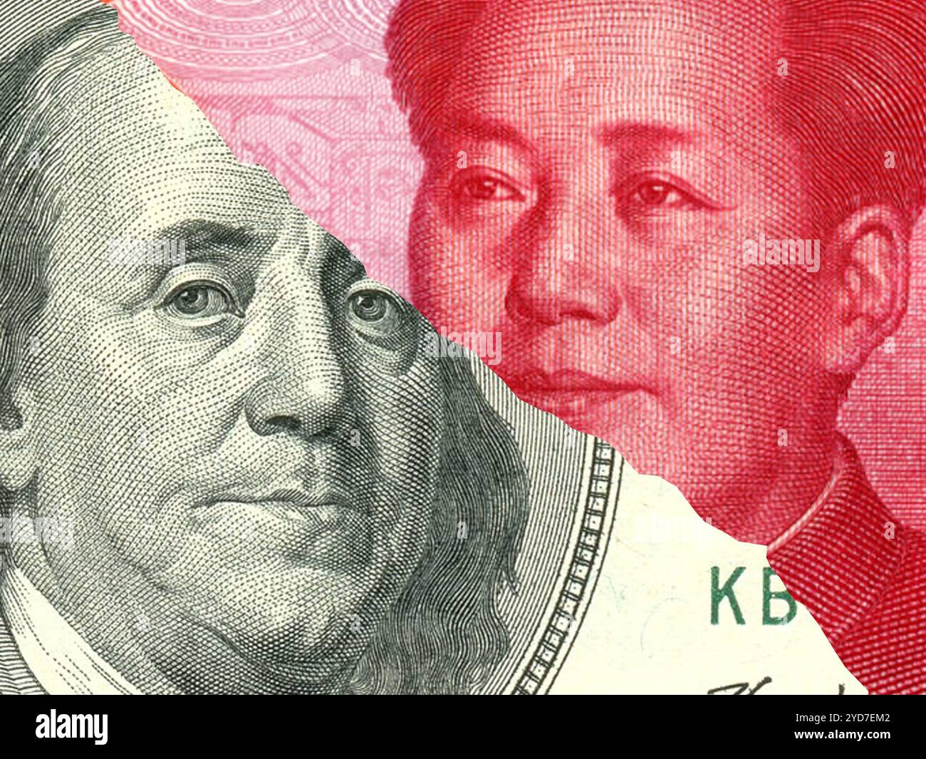 Billets de 100 dollars américains (USD) et 100 renminbi (RMB, CNY) isolés ensemble. Contour arrière Banque D'Images