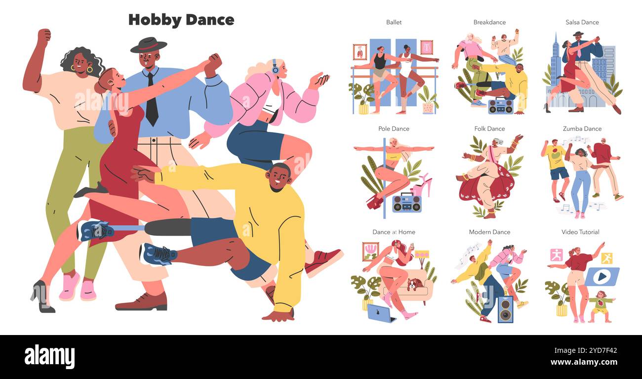 Set de danse hobby. Divers styles de danse présentés par des personnages joyeux. Ballet, breakdance, salsa, pole, folk, zumba, danse moderne et pratique à la maison. Illustration vectorielle. Illustration de Vecteur