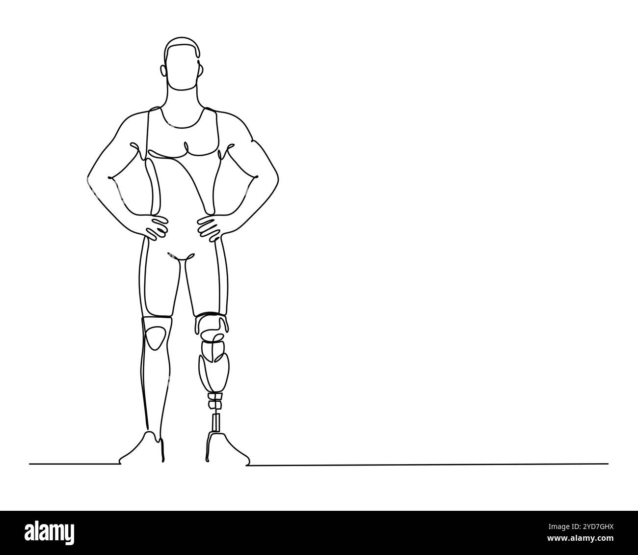 Dessin au trait unique d'un athlète confiant debout avec une jambe prothétique, symbolisant la détermination et surmontant l'adversité. Illustration de Vecteur