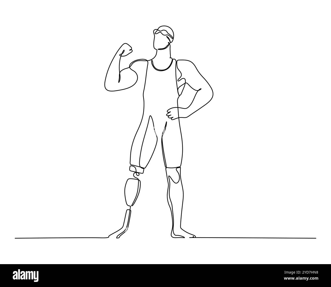 Dessin au trait d'une personne fléchissant le bras avec confiance, portant des vêtements de sport et une jambe prothétique, symbolisant la force, la détermination Illustration de Vecteur