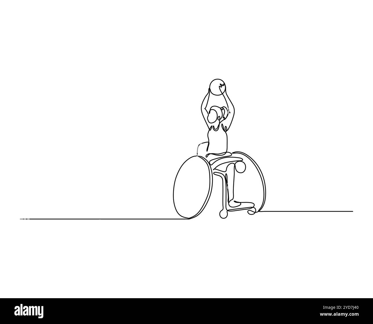 Dessin au trait d'une personne en fauteuil roulant tenant un ballon de basket au-dessus de sa tête, prête à tirer. Illustration de Vecteur
