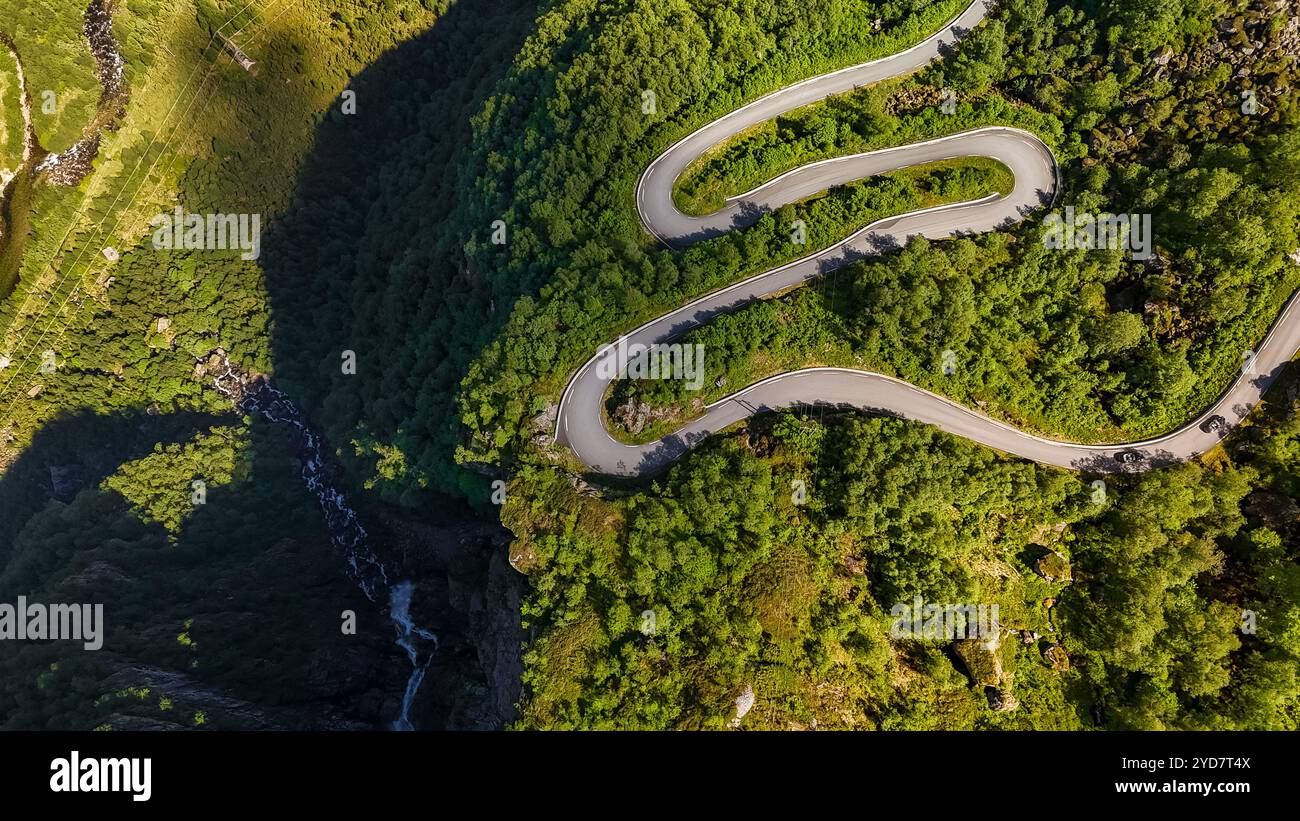 Une vue aérienne d'une route sinueuse serpentant à travers une forêt dense en Norvège. Les courbes des routes et le feuillage vert vibrant créent Banque D'Images