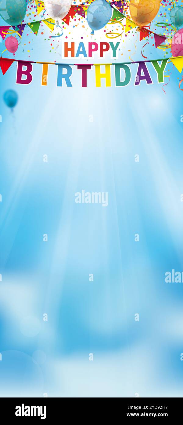 Banderole d'anniversaire avec ballons colorés, soleil et confettis. Fichier vectoriel EPS 10. Banque D'Images