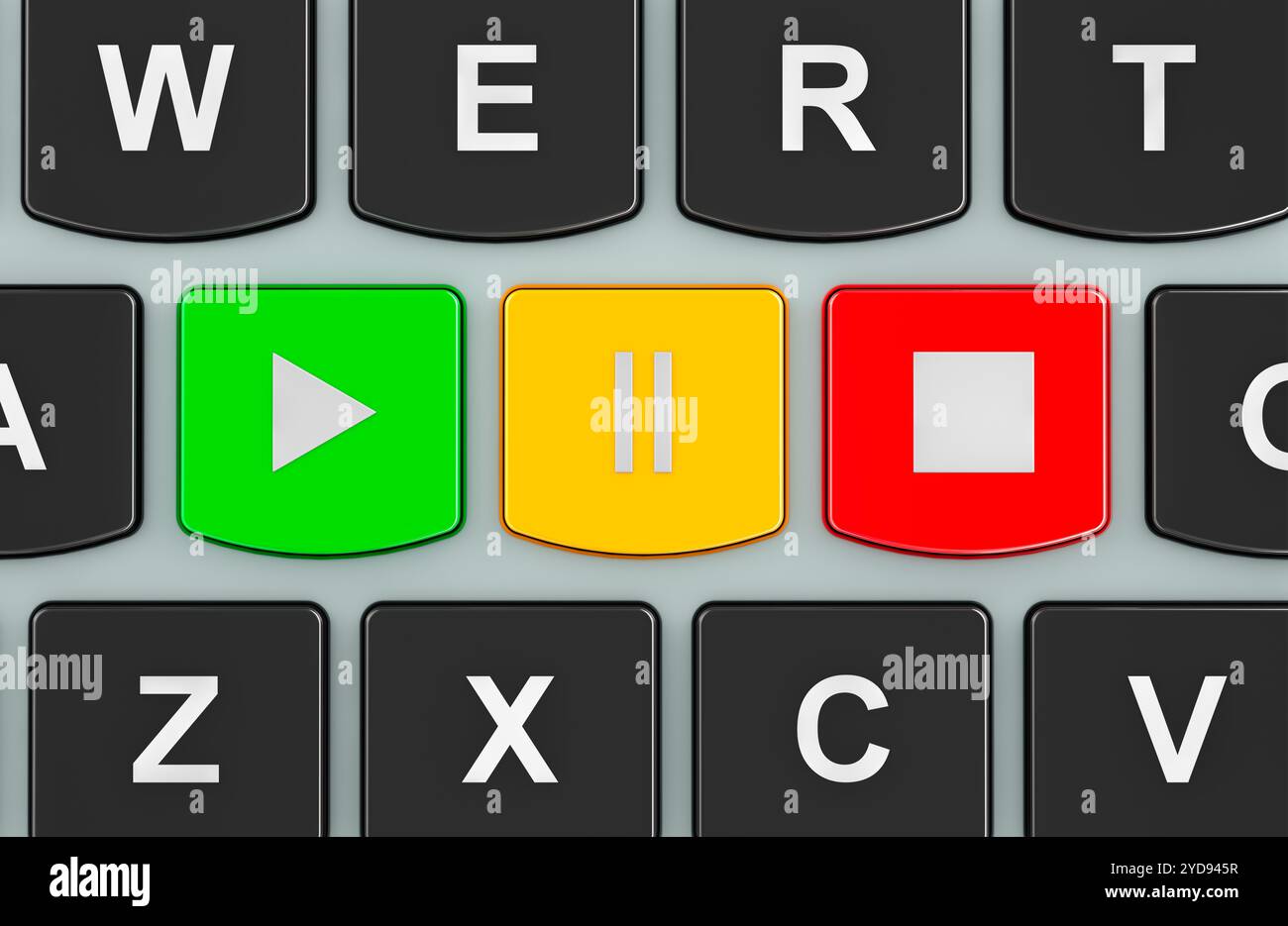 Boutons de lecteur multimédia sur un clavier d'ordinateur, rendu 3D isolé sur fond blanc Banque D'Images